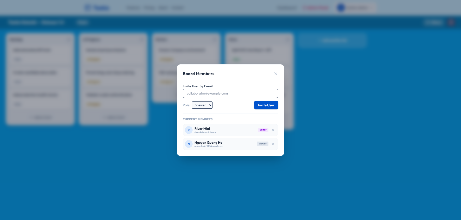 Taskie board member dialog showing Editor and Viewer roles