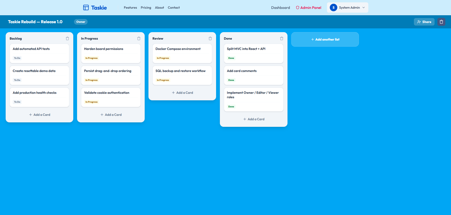 Taskie release board with four populated workflow lists
