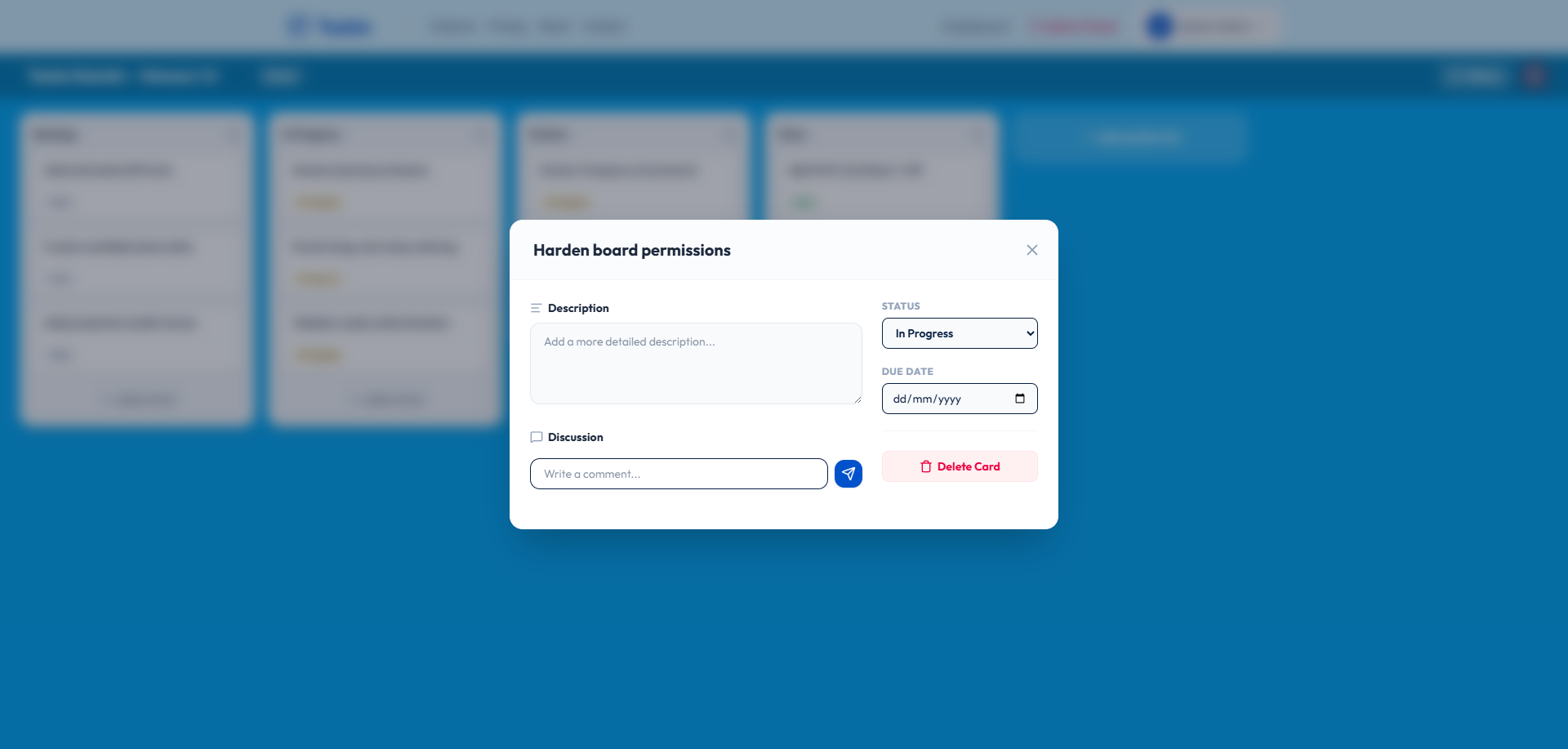 Taskie card detail dialog with status, due date, description, and discussion fields
