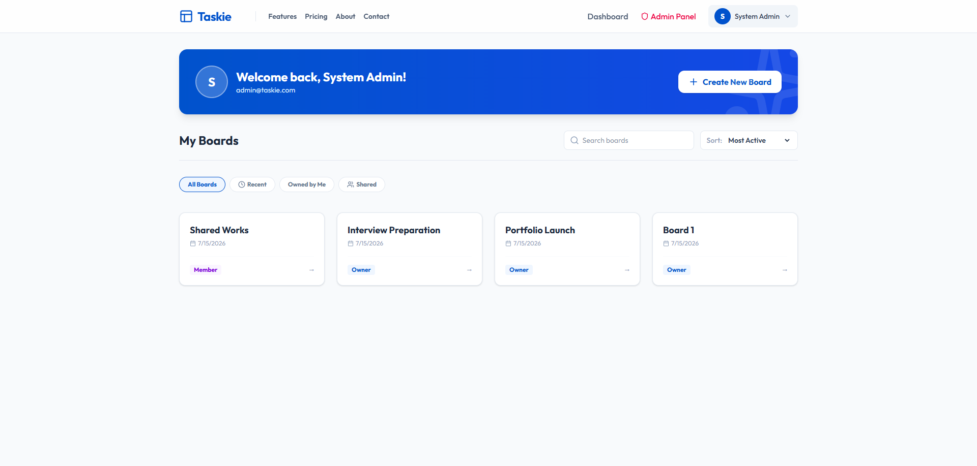 Taskie dashboard with owned and shared project boards